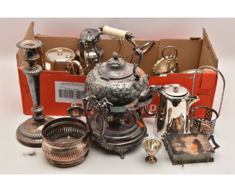A BOX OF ASSORTED WHITE METAL WARE, to include various teapots, coffee pot, water jug, coaster, egg cups, condiment pieces, a