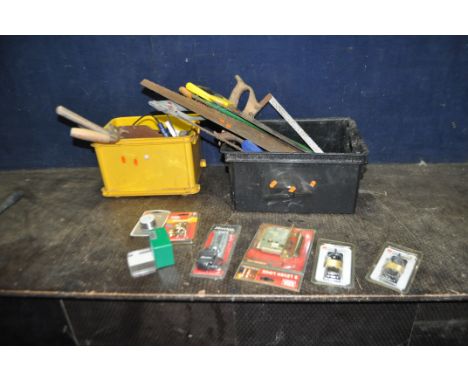 TWO TRAYS CONTAINING TOOLS including various hasp and staples, padlocks, locks, saws, trowels, axes etc
