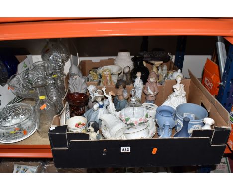 TWO BOXES AND LOOSE CERAMICS AND GLASSWARE to include a small group of Wedgwood Jasperware comprising vases and trinket dishe
