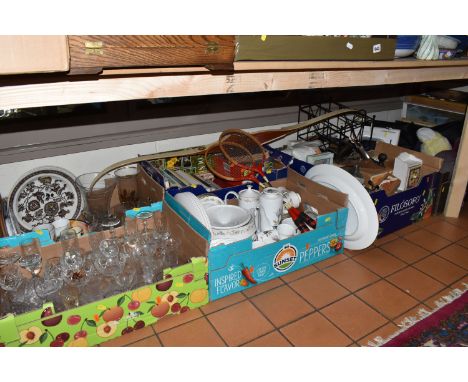 SEVEN BOXES AND LOOSE MISCELLANEOUS SUNDRIES, to include books, cut glassware, a Stanley plane, a J&amp;G Meakin coffee set, 
