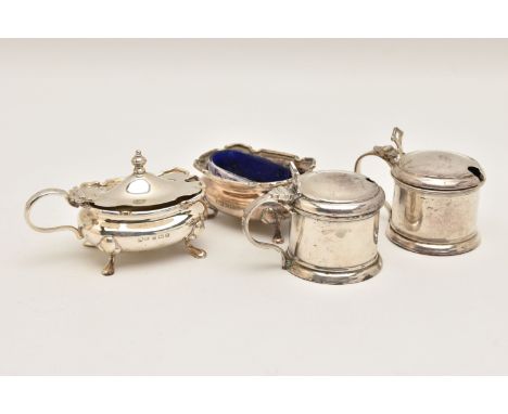 TWO PAIRS OF SILVER CONDIMENT SETS, the first a pair of oval form salt and mustard, hallmarked 'Walker &amp; Hall' Birmingham