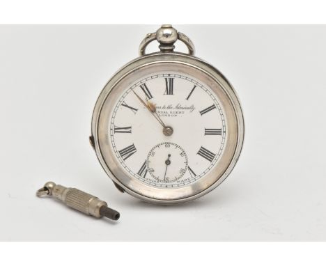 A WHITE METAL OPEN FACE POCKET WATCH, key wound, white Roman numeral dial signed 'Makers to the Admiralty, Kendal &amp; Dent,