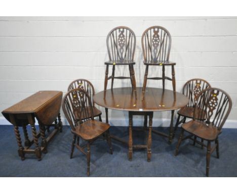 A 20TH CENTURY OAK OVAL GATE LEG TABLE, open width 131cm x depth 87cm x height 76cm, another gate leg table, along with a set