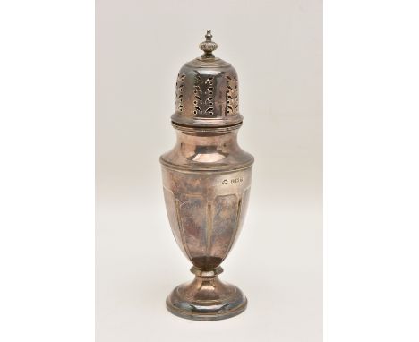 AN EARLY 20TH CENTURY SILVER SUGAR CASTER, tapering form with pierced cover and pointed finial, on a round base, hallmarked '