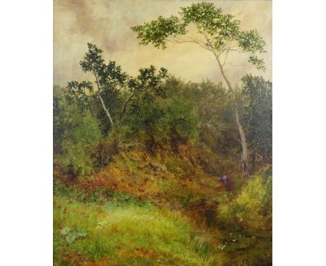 R J Hammond, act. 1879-1911, woodland scene with figure gathering wood, signed and dated verso 1880, oil on canvas, 59.5cm x 