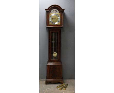 Modern mahogany eight-day longcase clock, the silvered and brassed 30cm dial with triple train movement, moon phase, Arabic a