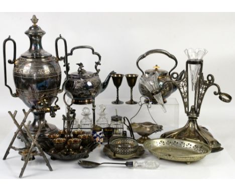 Collection of silver plated items to include a samovar, egg cruet, epergne with two glass vases, tea kettle, tray, etc.      