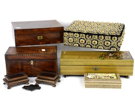 Georgian mahogany tea caddy, 19th century mahogany jewellery box velvet lined, a musical jewellery box, an Iranian box and co