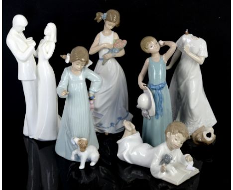 Llladro figure of a girl holding her bonnet and three Nao figures of children and Doulton figure group Congratulations       