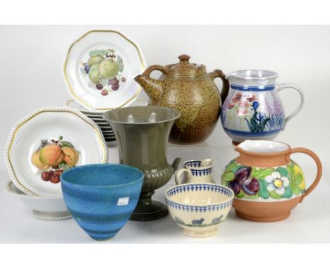 Assorted pottery and glass wares to include large glass vase, 2 pottery jugs, and a teapot, and an Oriental mask, saucers and