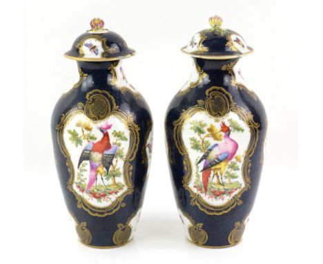 Pair of 19th century English porcelain jars and covers, in dark blue and gilt in 18th century Worcester style, the blue scale