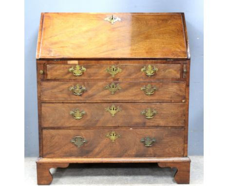 19th century mahogany bureau, the fitted interior above four graduating long drawers on bracket feet, H106 x W95 x D52.5cm   