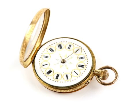 A ladies open face pocket watch with white enamel dial, black Roman numeral hour markers within a bead minute track, steel ha