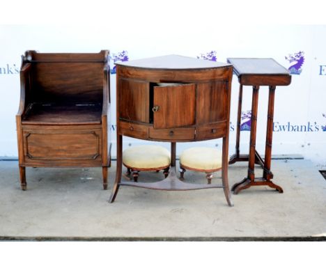 19th century mahogany washstand 66W x 47D x 82cmH together with commode, nest of tables and a pair of low stools, (5).       