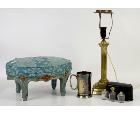 Brass Corinthian column table lamp, a carved wood oval foot stool with upholstered cover, 3 travelling scent bottles in leath