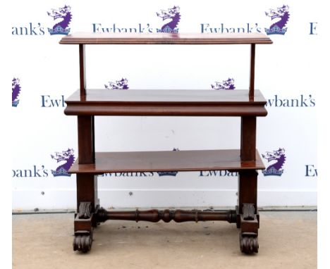 19th century mahogany three tier buffet, on scrolling feet and castors, H104 x W100 x D52cm           General wear and tear c