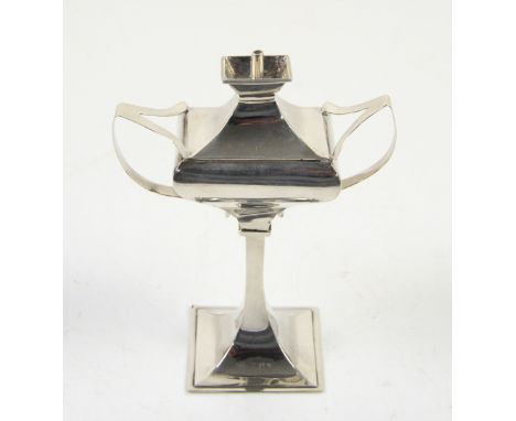 Arts and Crafts design large silver table lighter 15cm tall with trunk handles, London 1912           