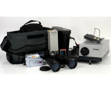 Slide projector, pair of binoculars and a Canon MD205 video camera (3)            