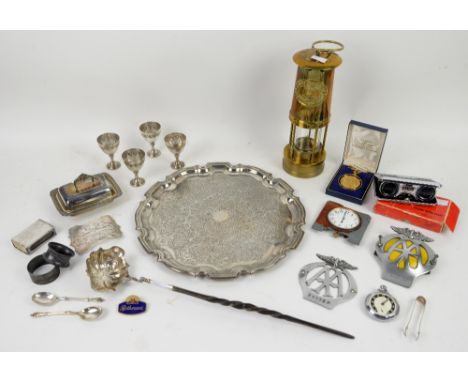 Silver toddy ladle with twist handle, plated belt buckle, plated salver, brass miner's lamp, gold-plated Jubilee medallion in