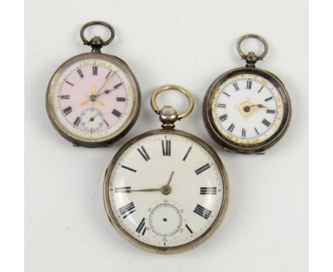 Two Swiss 935 grade fob watches one with a pink enamel dial and a Victorian pocket watch London 1866           