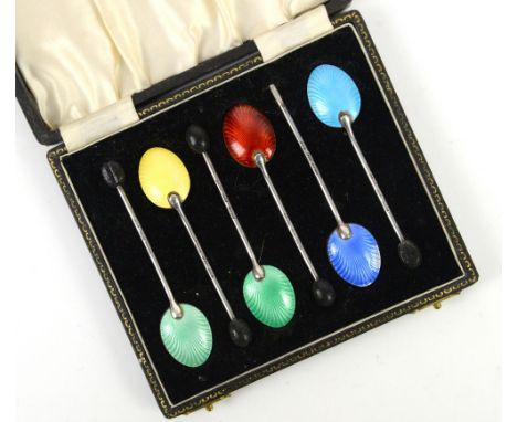 Cased set of silver and rainbow enamel coffee bean spoons by H.C. Dans, Birmingham 1950           