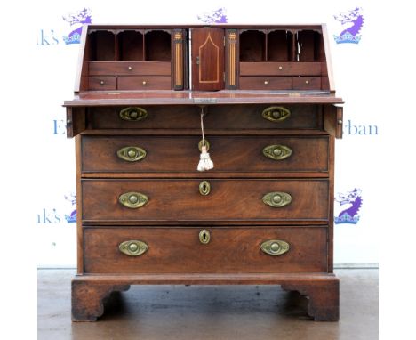 19th century mahogany bureau, the fall front with fitted interior and marquetry inlaid decoration over four graduated drawers