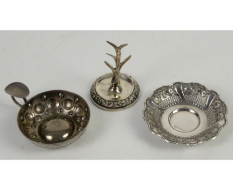 Silver ring tree, Birmingham 1910, a white metal Taste du Vin with shell motif and grape and vine decorated Bon Bon dish, Bir