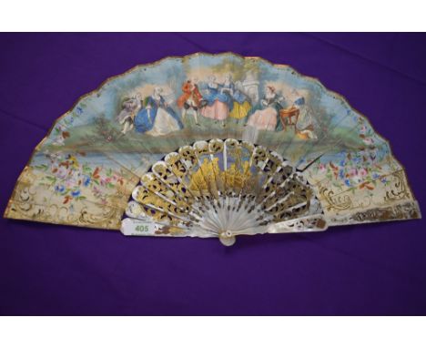 A hand painted lithograph fan, circa 1850, showing classical scene with ornate inlaid mother of pearl ribs.