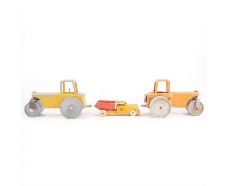 Three vintage cast metal models; two Jumbo Toys road rollers, 23cm, and one Fun Ho! toy tipper truck, 17cm.