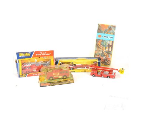 Dinky and Corgi Toys; Four fire engine die-cast models including, 1143 Aerial Rescue Truck, 1127 Simon Snorkel Fire Engine, 2