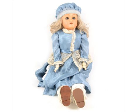 Dressel, Cuno &amp; Otto Germany early celluloid head doll, 'Holz Masse' head stamp, glass sleeping eyes, open mouth, leather