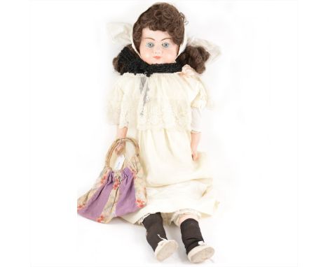 A large composition head doll, unmarked head, fixed glass eyes, rag body with composition hands and feet, 90cm