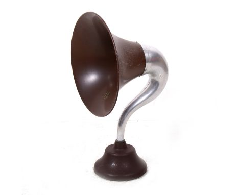 A 1920s BTH British Thompson Houston swan neck speaker horn, with Bakelite base and aluminium neck, 59cm tall.