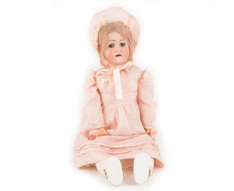 Max Handwerck German bisque head doll 'Bebe Elite', sleeping eyes, open mouth, composition body, pink dress and bonnet, 52cm.