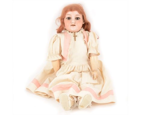 Armand Marseille German bisque head doll, 390 DRGM 246/1 head stamp, sleeping eyes, open mouth, composition limbs, cream gown