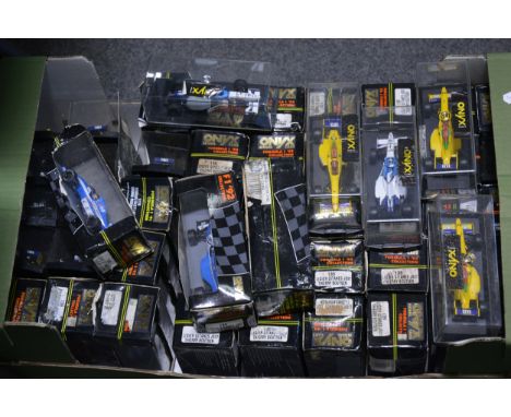 Onyx 1:43 scale F1 model cars; one box of aprox 42, all cased, some (a/f), with many duplications.