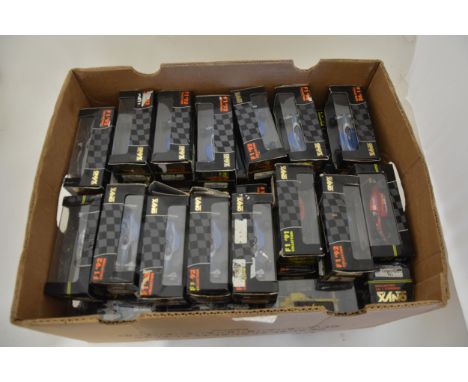 Onyx 1:43 scale F1 model cars; one box of aprox 53, all cased, some (a/f), with many duplications.