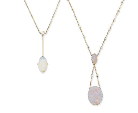 TWO OPAL PENDANT NECKLACES, EARLY 20TH CENTURY1st: Set with two oval opal cabochons, on a chain interspersed with seed pearls