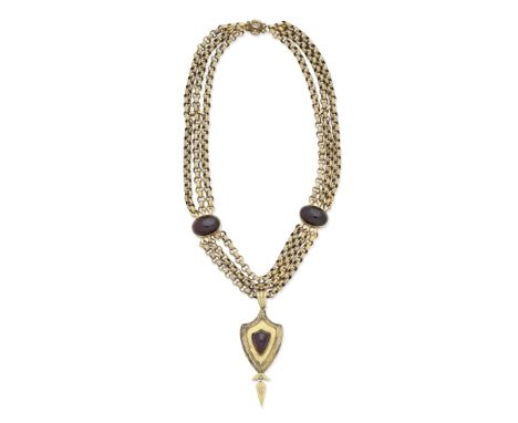 GARNET-SET PENDANT NECKLACE, CIRCA 1860The shield-shaped pendant inlaid with a cabochon garnet in a foiled closed back settin