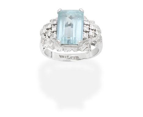 AQUAMARINE AND DIAMOND DRESS RINGSet with a step-cut aquamarine, between brilliant-cut diamond-set shoulders, ring size appro