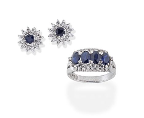 SAPPHIRE AND DIAMOND RING AND EARRINGS1st: The ring set with four oval-cut sapphires, framed by single-cut diamonds, 2nd: Eac