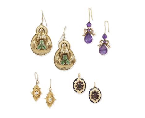 FOUR PAIRS OF GEM-SET EARRINGS1st: Each set with a cushion-shaped diamond, mounted in 9 carat gold, 2nd: Each set with  pear 