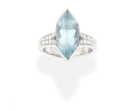 AQUAMARINE AND DIAMOND RING, 2015The marquise-cut aquamarine between bifurcated shoulders set with brilliant-cut diamonds, mo