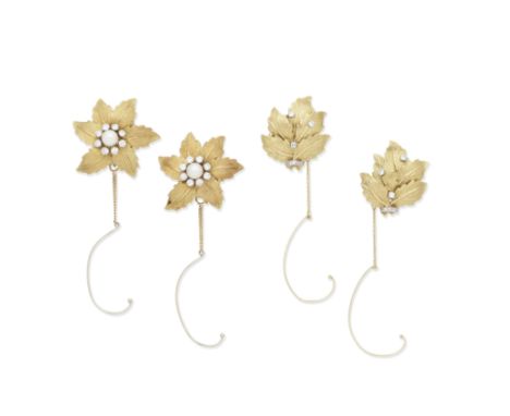 TWO PAIRS OF DIAMOND-SET EARCLIPS1st: Each of flowerhead design, set with a 7.5mm cultured pearl within a brilliant-cut diamo