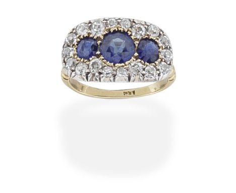 SAPPHIRE AND DIAMOND RING, 19TH CENTURYThe plaque set with circular-cut sapphires and cushion-shaped diamonds, diamonds appro