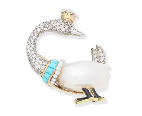 BAROQUE PEARL, TURQUOISE AND DIAMOND BROOCH, CIRCA 1960The baroque pearl swan with brilliant-cut diamond-set tail and neck, a