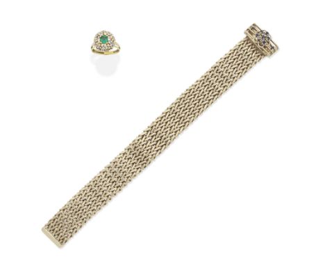 GOLD BRACELET; EMERALD AND DIAMOND DRESS RING1st: The 9 carat gold mesh-link bracelet, with a clasp accented by circular-cut 