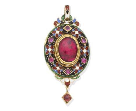ENAMEL AND GEM-SET HOLBEINESQUE PENDANT,  CIRCA 1870The central oval cabochon ruby, in foiled closed back settings, within a 