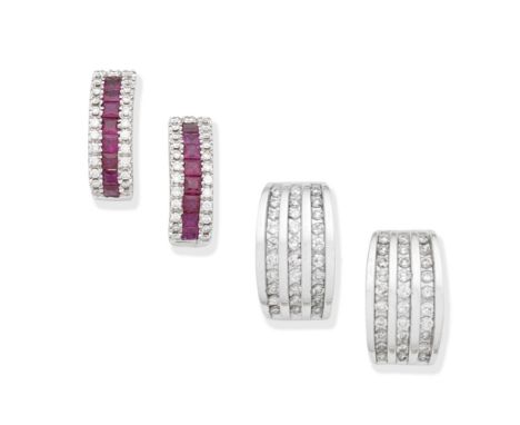 DIAMOND EARRINGS; RUBY AND DIAMOND EARRINGS1st: Each set with three rows of brilliant-cut diamonds, 2nd: Each set with a row 