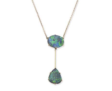 OPAL NECKLACE, EARLY 20TH CENTURYThe pear-shaped black opal suspended from an oval shaped black opal, on a trace-link chain, 